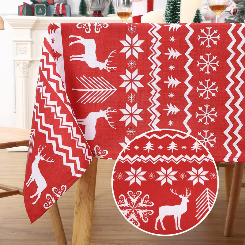 Waterproof Christmas Tablecloth – mark Resistant Polyester Table Cover – Red Xmas Tree, Reindeer & Snowflake Design, Washable, Easy Care – Rectangular, 54"x90" – Red bottom