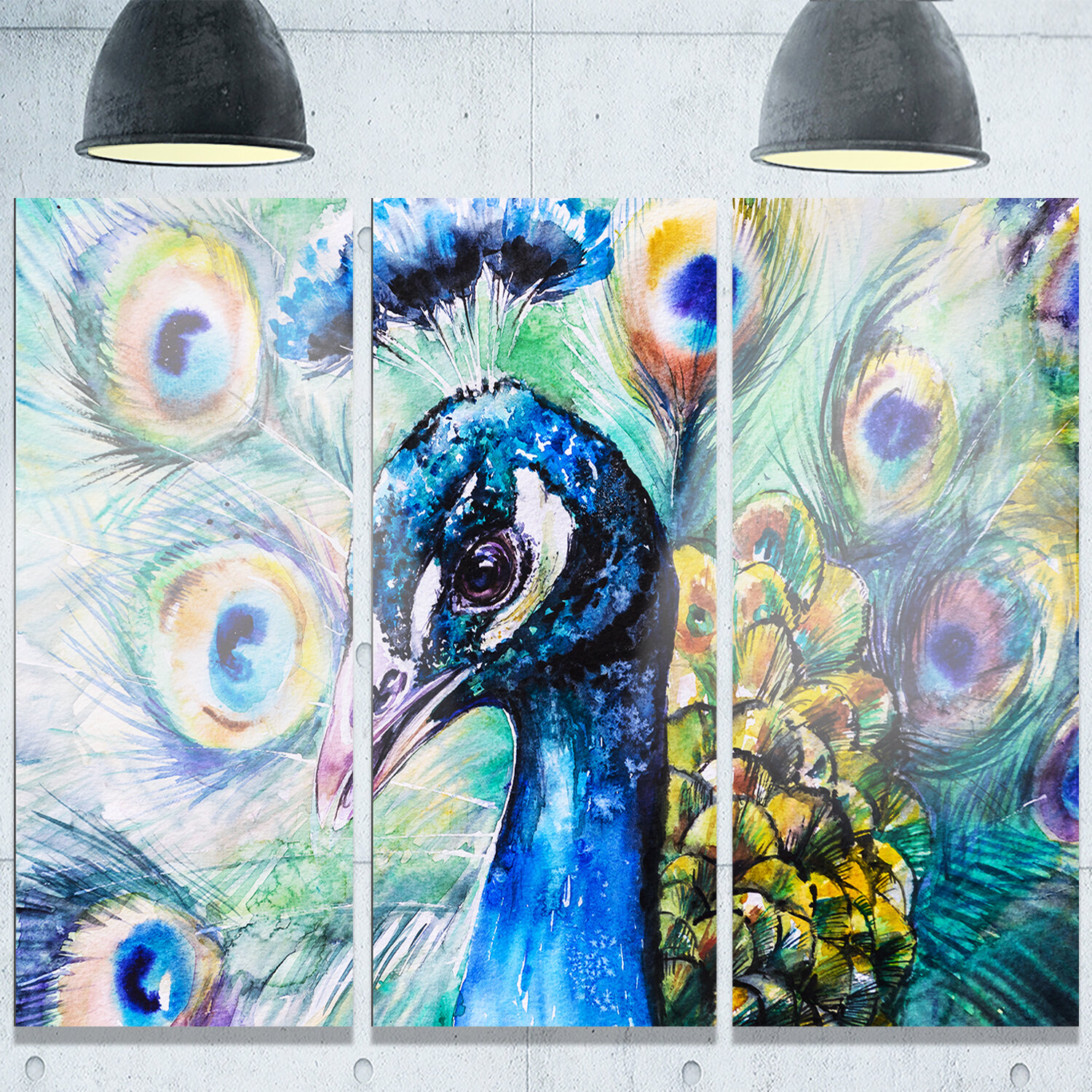 Beautiful Peacock Watercolor 3 Piece Painting Print on Metal Set