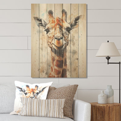 Minimalist Giraffe Portrait - Giraffe Animal On Wood Print
