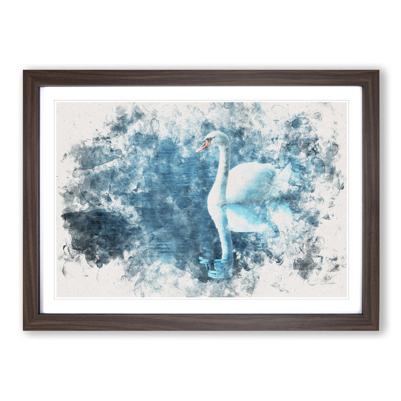 White Swan on a Blue Lake Watercolour - Picture Frame Graphic Art Print on MDF, 45cm H x 63cm W x 2cm D, Walnut Framed