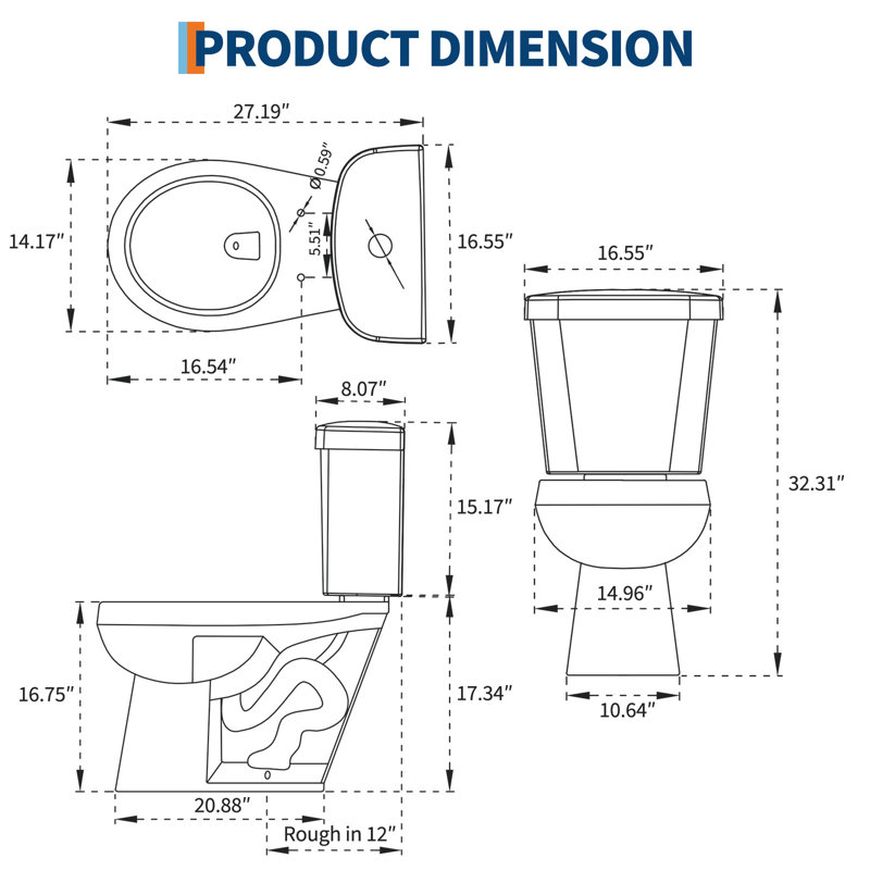 White Elongated Two-Piece Toilet, Comfort ADA Height 17", Powerful 1.28 GPF Flush, 32.31" H x 16.55" W x 27.19" D, Top