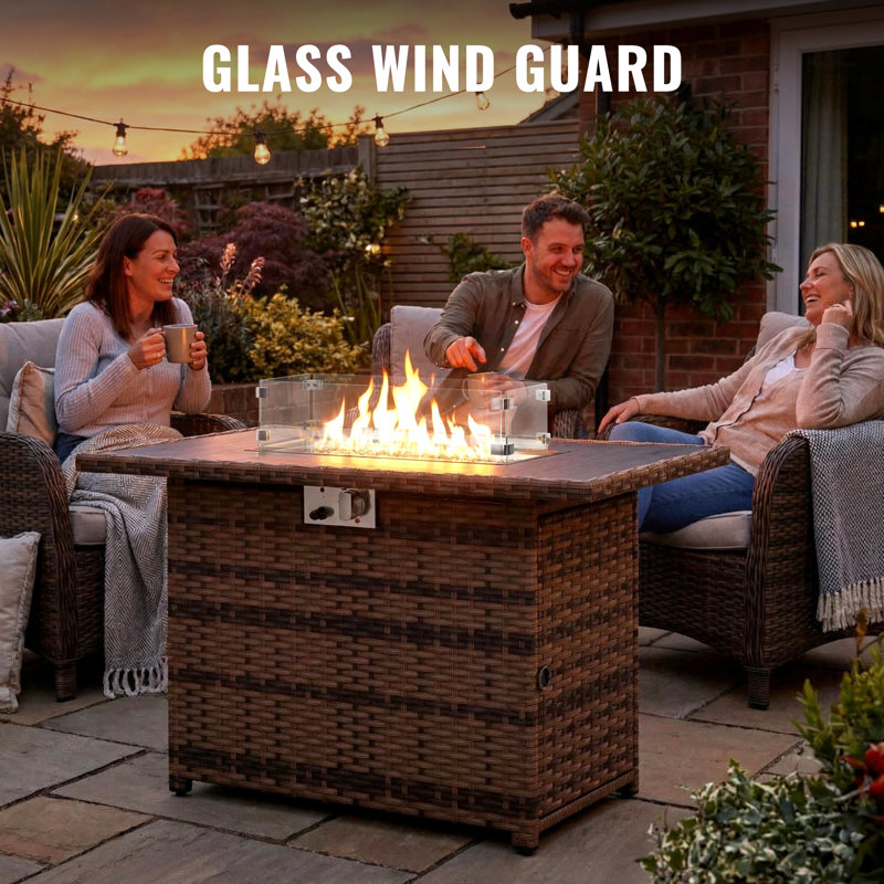 Outdoor Gas Fire Pit Table 50,000 BTU,Stainless Steel with Glass Wind Guard, Dark Brown