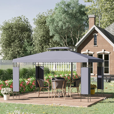 Pavillon de jardin 10 pi x 13 pi, auvent à double toit gris et structure en acier pour un cachet extérieur charmant dans le jardin, la pelouse, le pavillon de jardin avec support, la réduction du stress du vent, le soleil, la cour de drainage, la terrasse