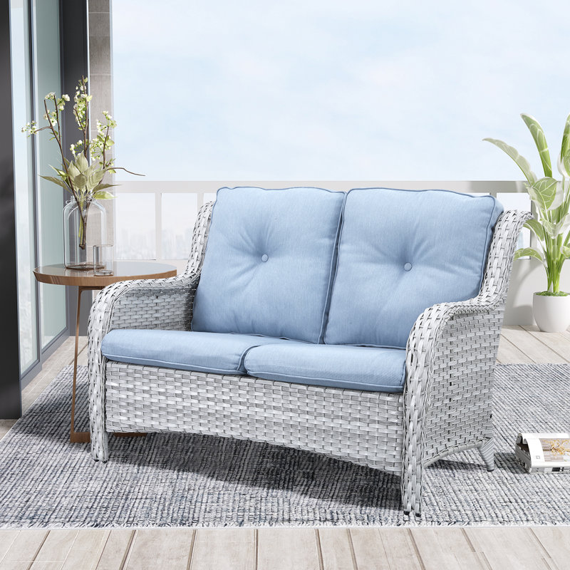 Tonry 51.6'' Wide Rectangle Wicker Patio Sofa with Cushions, Light Gray Frame/Babyblue Cushion
