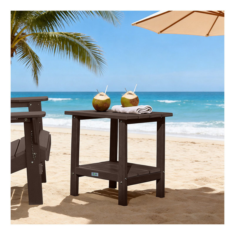 Table de bout extérieure en PEHD à 2 niveaux, table de bout de patio résistante aux intempéries avec tablette inférieure, brun