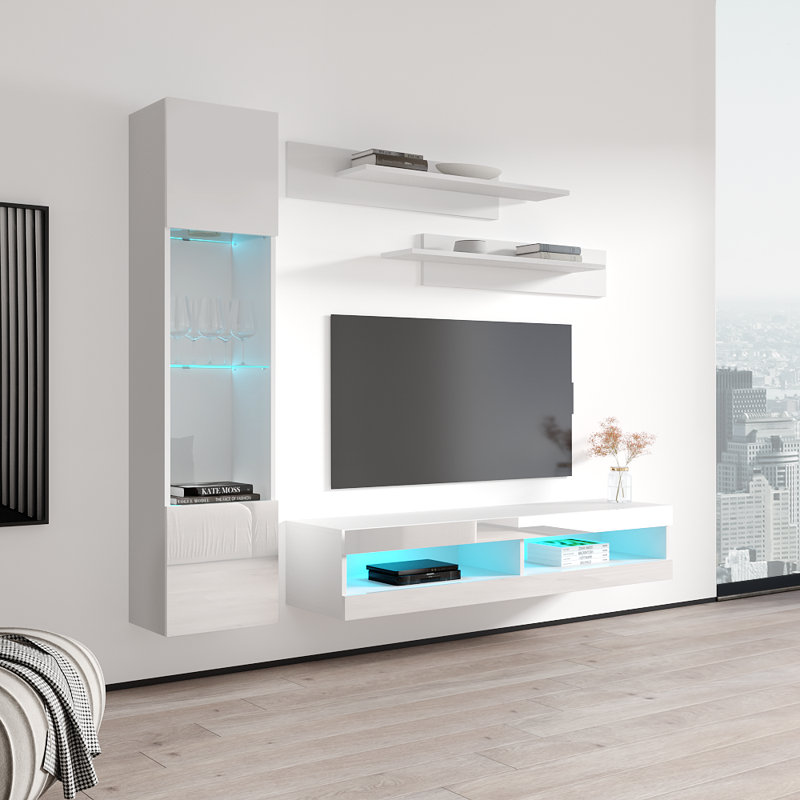 Liddell 85" Modern Floating Wall Mounted Entertainment Center with 16-Color LED Lighting, High Gloss Finish, White