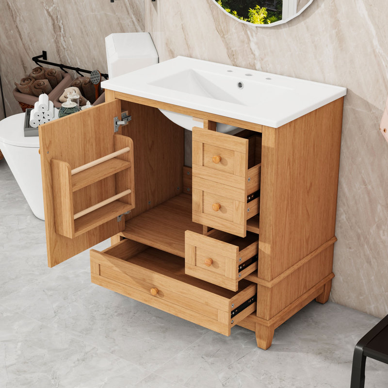 Meuble-lavabo autoportant avec lavabo en céramique, 3 tiroirs et support de porte de rangement
