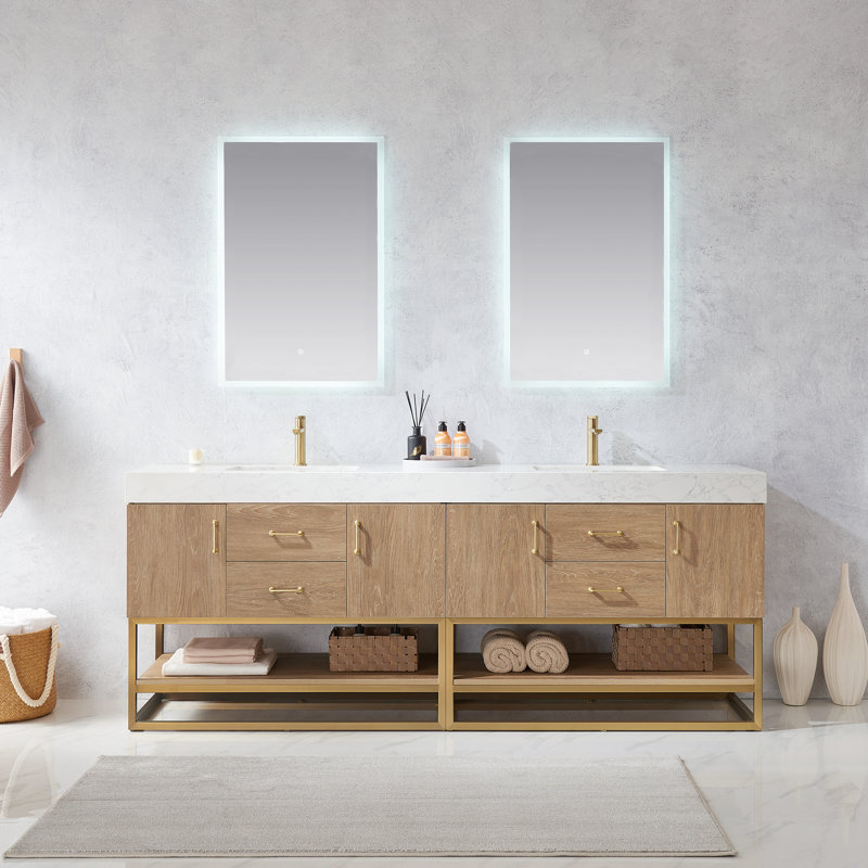 Ensemble de meuble-lavabo double 84 po Alistair, Or, Chêne naturel, Blanc
