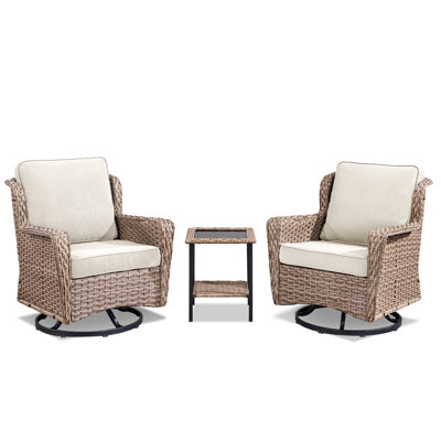 Ensemble de meubles de patio 3 pièces, ensemble de chaises bistro en osier avec table d'appoint, ensemble de chaises pivotantes en rotin gris pour la cour arrière, pelouse, porche, bleu, beige