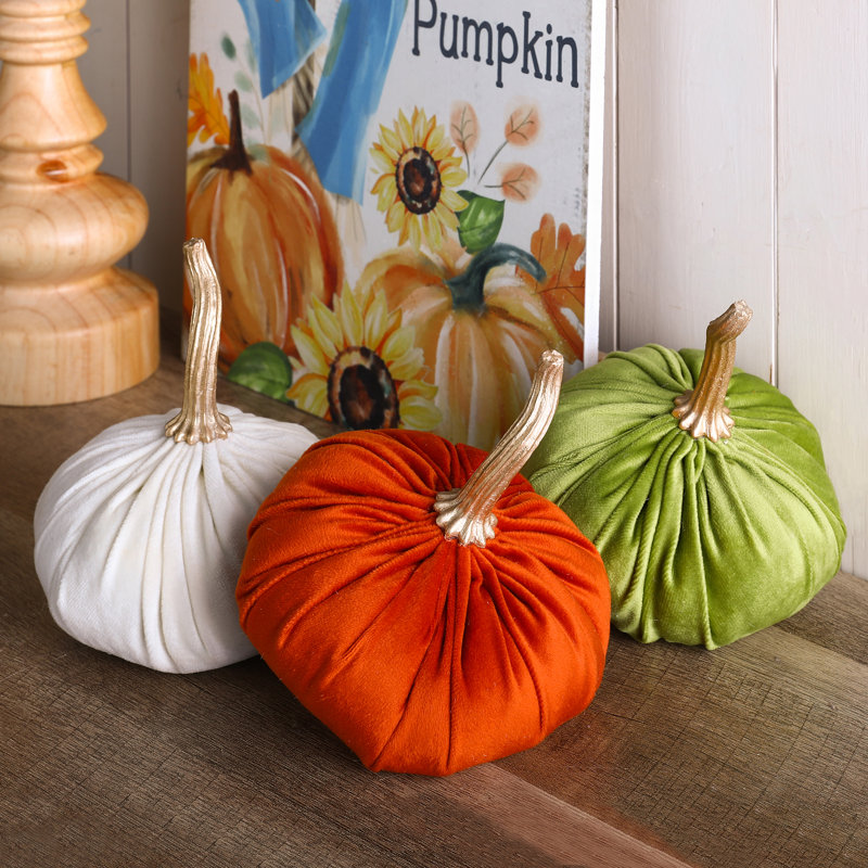 Set of 3 Velvet Green, White, and Orange Pumpkins