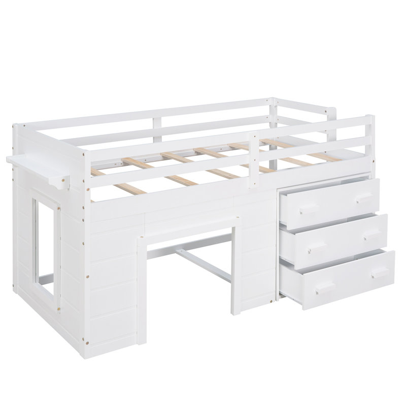 Twin Size Loft Bed with Cabinet and Shelf, White