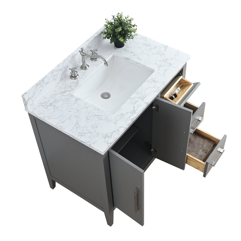 Meuble-lavabo simple 36 po avec plateau en marbre Chambery, Gris cachemire, Nickel brossé