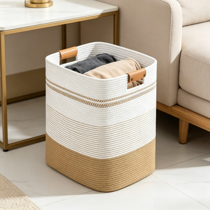 Cotton Woven Laundry Hamper, Tall Laundry Basket with Leather Handles, Rectangle Clothes Organizer for Bedroom, Nursery, Living Room