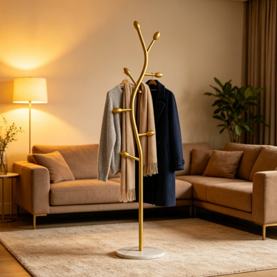 Portemanteau autoportant en métal et marbre avec crochets de branches d'arbre et porte-vêtements robuste pour entrée et chambre à coucher