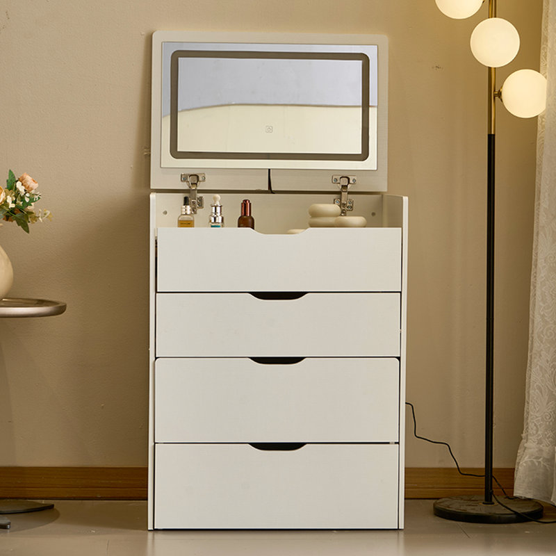 31 coiffeuse avec miroir tricolore, plateau de table en verre visible, 3 tiroirs et banc de rangement, blanc et verre pour la chambre à coucher