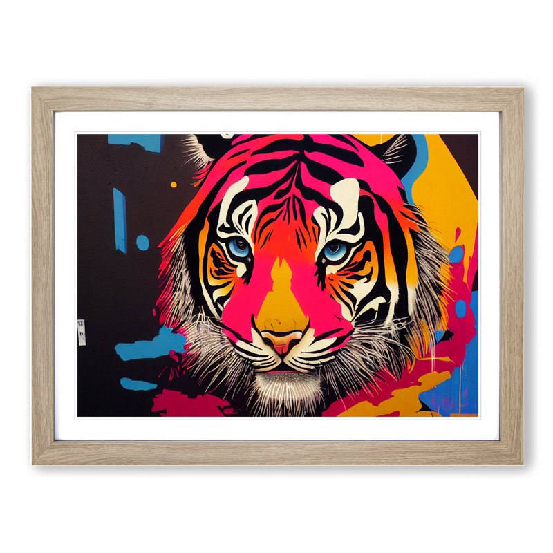 Colourful Tiger Art Abstract - Single Picture Frame Print, Oak Framed, 34cm H x 46cm W x 2cm D