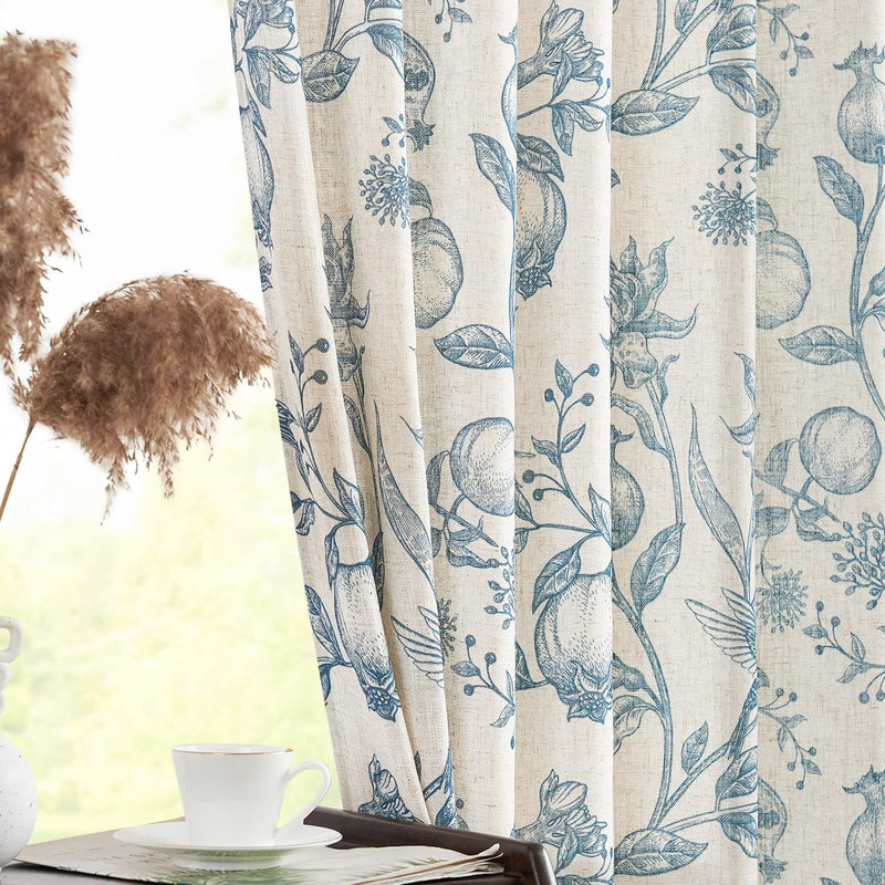 Nathnael Linen Blend Toile Semi-Sheer Curtain Panel Pair , 50" W x 63" L, Blue