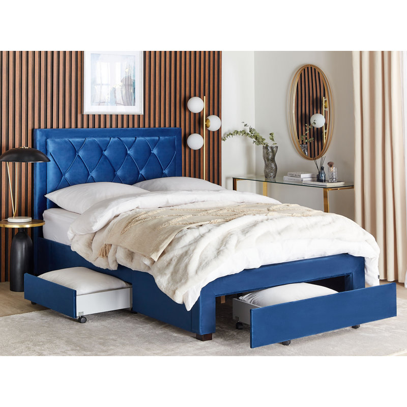 Mansi Upholstered Velvet Drawers Bed, European Double (140x200 cm), Navy Blue