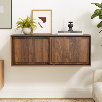 Floating TV Stand, Wall Mounted Cabinet With Sliding Doors For Living Room, Modern Handless Nightstands Bedside Table For Bedroom