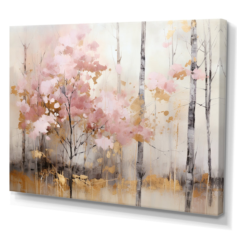 «Minimalisme rose et forêt dorée», reproduction sur toile, Toile tendue, H 16 po x l 32 po x P 1 po