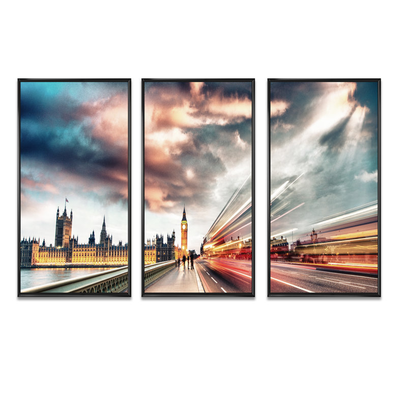 «Night Scene Of London City - Cityscape», ensemble de 3 toiles d'art encadrées, H 28 po x l 36 po x P 1 po, Noir