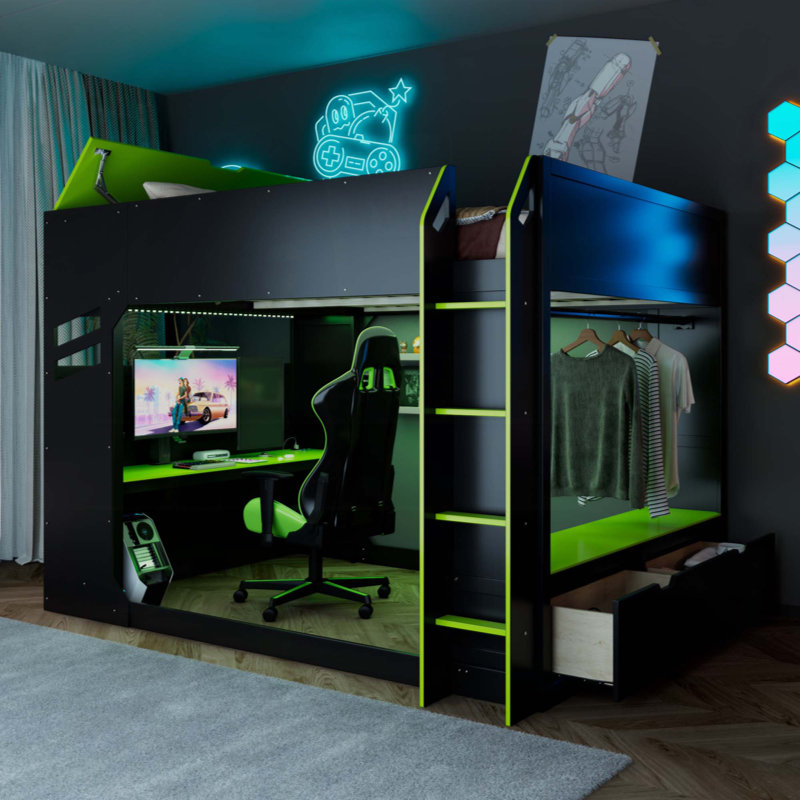 Lit mezzanine en bois avec bureau réglable en hauteur, tiroirs, compartiments de rangement, tringle et lumières RVB, Vert