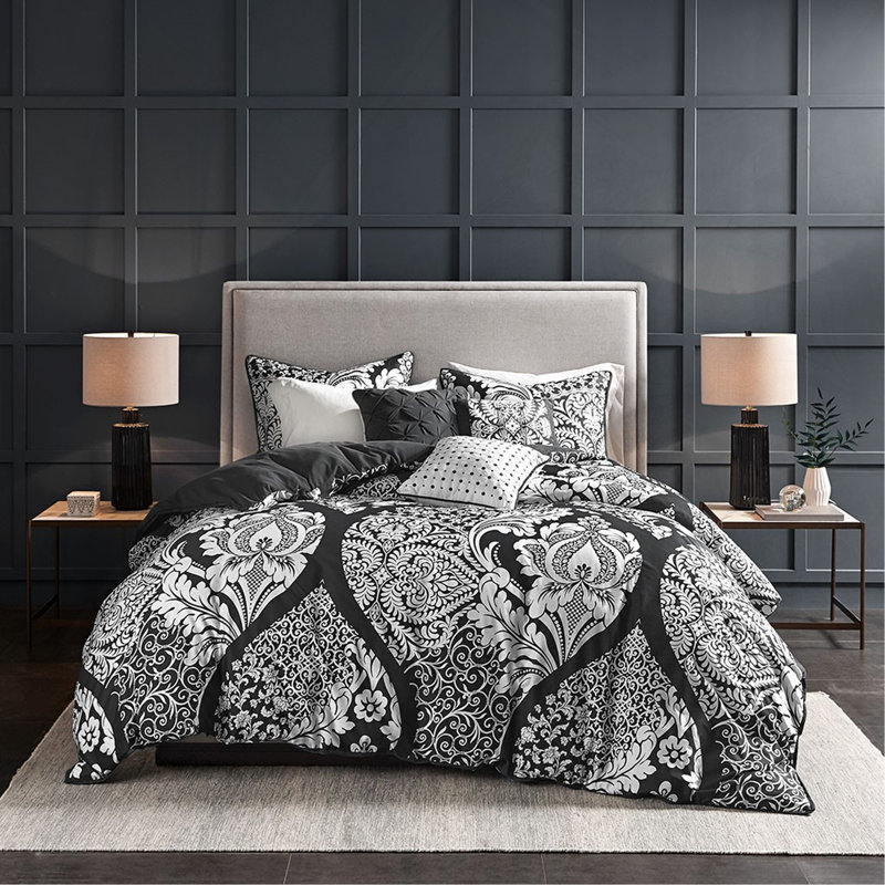 Ensemble de housse de couette 6 pièces très grand / très grand californien avec motif damassé complexe et satin de coton certifié Oeko-Tex