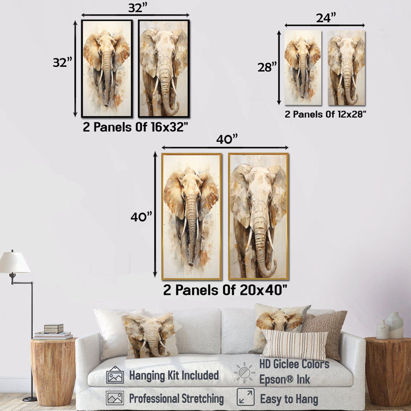 Gentle Elephant Giants - Ensemble de 2 reproductions d'art sur toile, H 32 po x l 33 po, Cadre noir