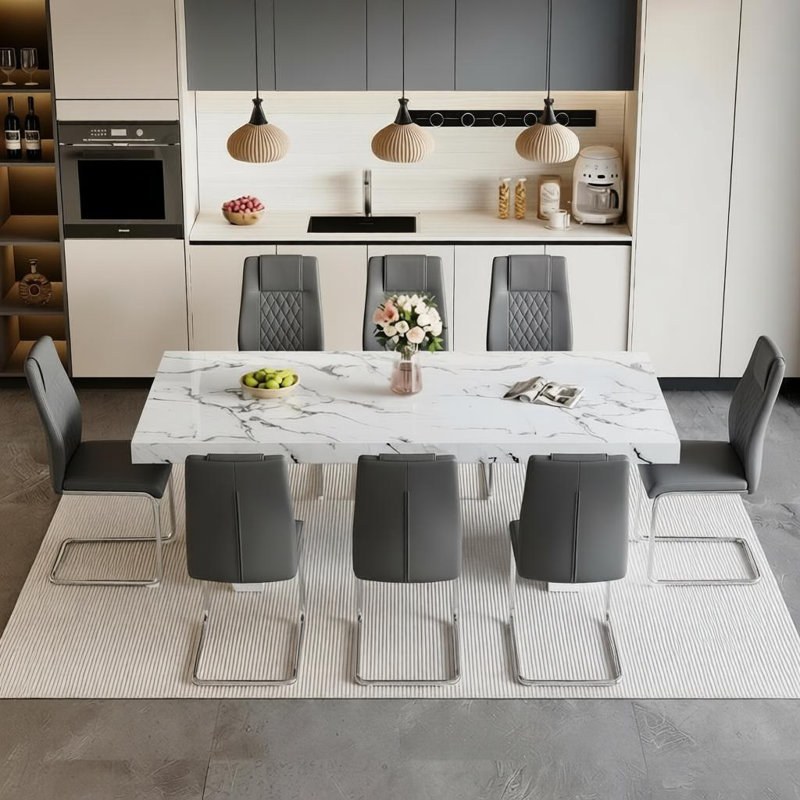 Ensemble de table de salle à manger 9 pièces, ensemble de table à manger en marbre 79 po pour 8 personnes, Gris foncé