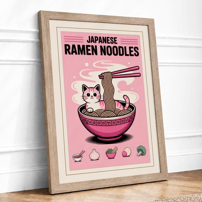 Ramen Cat Dreams Modern - Framed Print, A1 - 84.1 x 59.4 cm, Oak