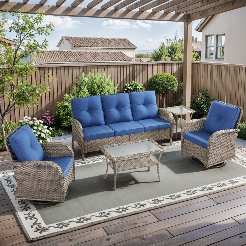 Ensemble de conversation d'extérieur en osier avec chaises pivotantes, Bleu, Gris