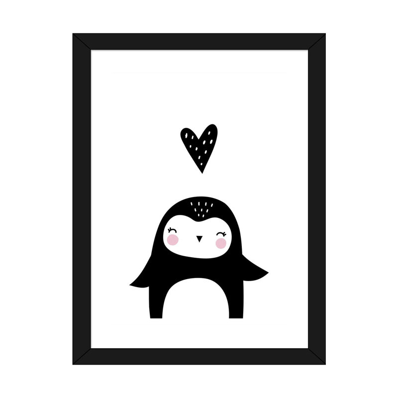 Pingouin avec cœur - impression d'art graphique, H 24 po x l 16 po x P 1 po, Papier encadré noir, Blanc