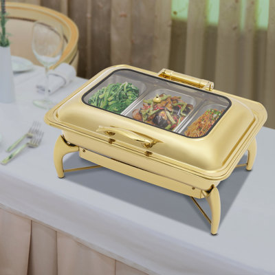 3-Grid Rectangle Stainless Steel Chafing Dish Buffet Warmer With Glass Window Lid