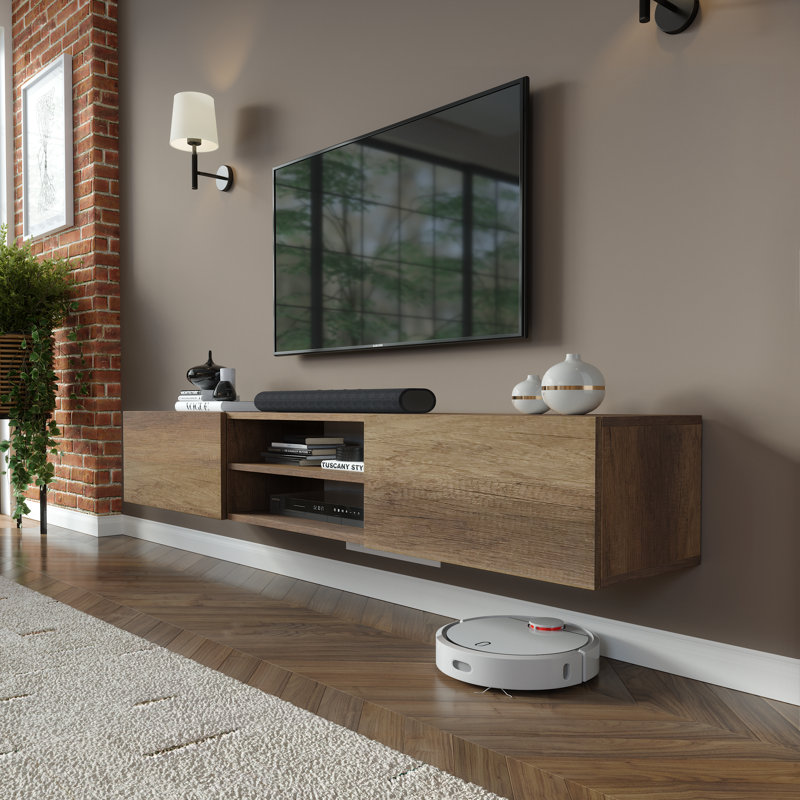 Meuble télé flottant Desmone pour téléviseur de 80 po ou moins, console média murale minimaliste avec rangement, finition en bois brun noyer 