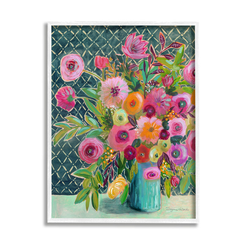 " Patterned Modern Flower Bouquet " Acrylic Painting, 14" H x 11" W x 1.5" D, Coastal White Framed Giclee