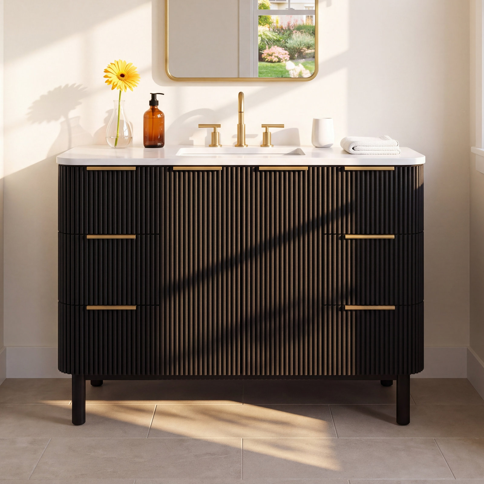 Nova 48" Carrara Marble Single Bathroom Vanity, Black Reeded Birch