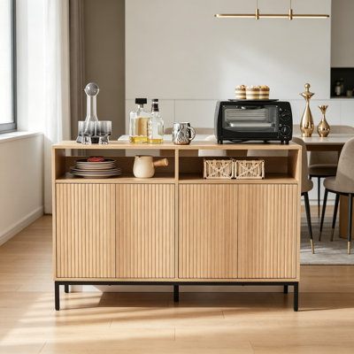 Farmhouse Buffet Sideboard Cabinet With Fluted Doors, Adjustable Shelves, And Storage Shelves, Modern Wood Console Table For Kitchen, Living Room, Dining Room, Coffee Bar