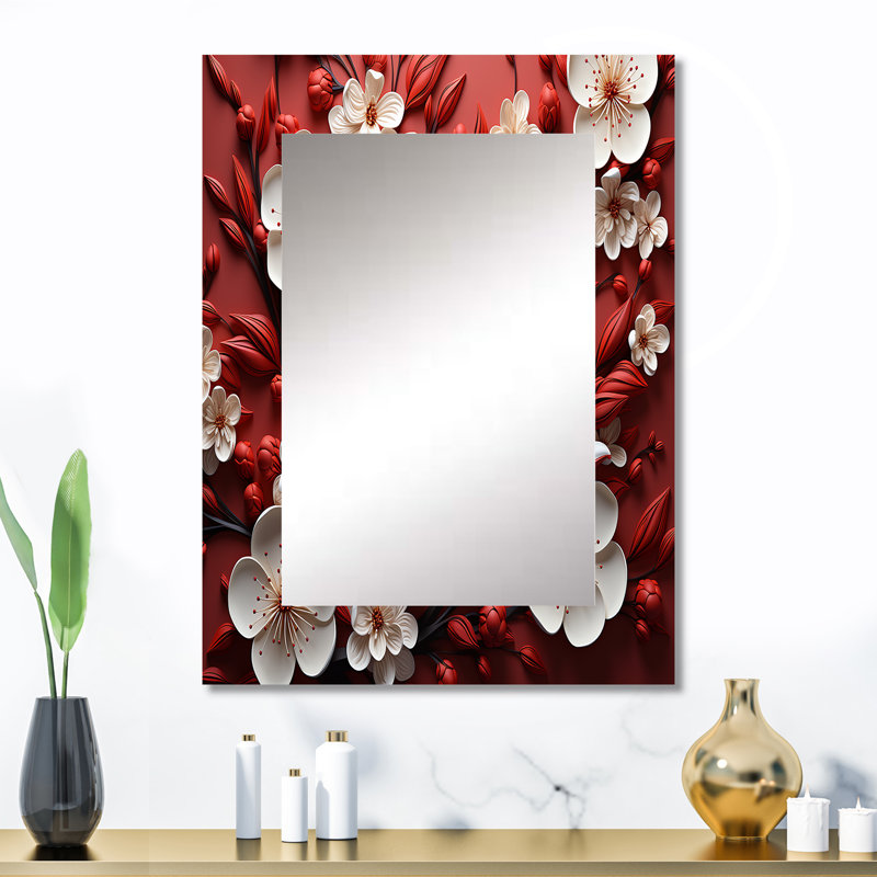 Branches de fleurs d'orchidées blanches et rouges II - miroir floral, miroir mural rouge unique, impression sur métal