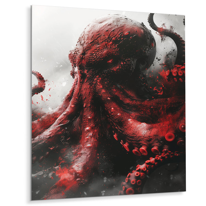 «Red Grey Kraken Mythical Creature III - Décoration murale créatures mythiques, Sans cadre, métal, H 32 po x l 16 po x P 1 po