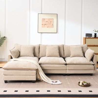 Canapé d'angle en chenille couleur café, avec rangement et assise rembourrée, idéal pour un appartement ou une chambre. Structure en pin, assise mi-ferme, dossier capitonné, style traditionnel américain.
