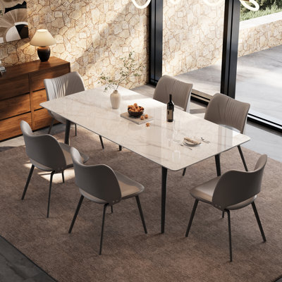 Sintered Stone Dining Table, Modern Marble Look Kitchen Table for 6-8 People, Large Dinner Table with Heavy-Duty Black Metal Legs, Scratch & Heat Resistant for Dining Room(Without Chairs)