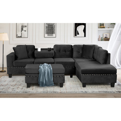 Canapé modulaire de 105 po avec repose-pieds avec rangement, canapé en L avec 2 coussins et porte-gobelets, canapé modulaire avec méridienne réversible pour le salon