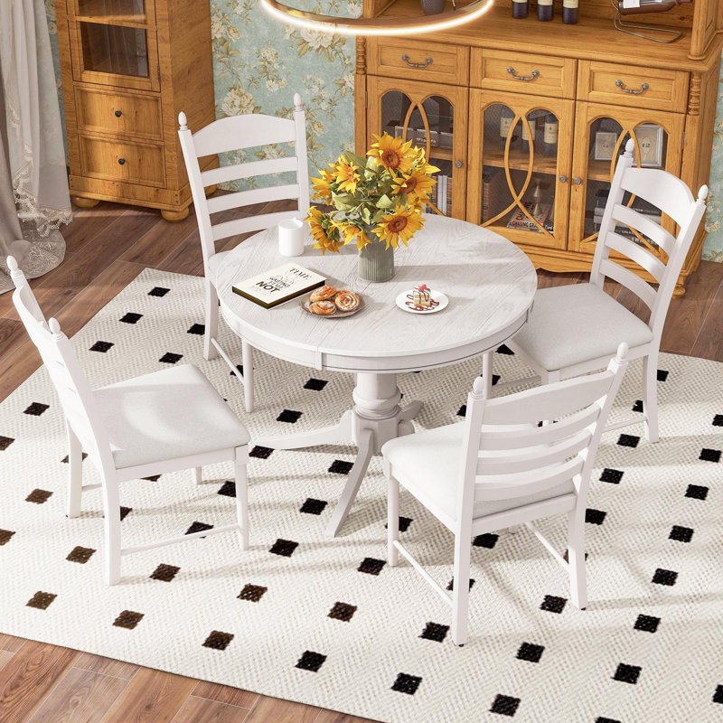Roane 5 - Piece Extendable Dining Set with Round Extendable Dining Table and 4 Upholstered Dining Chairs, Antique White