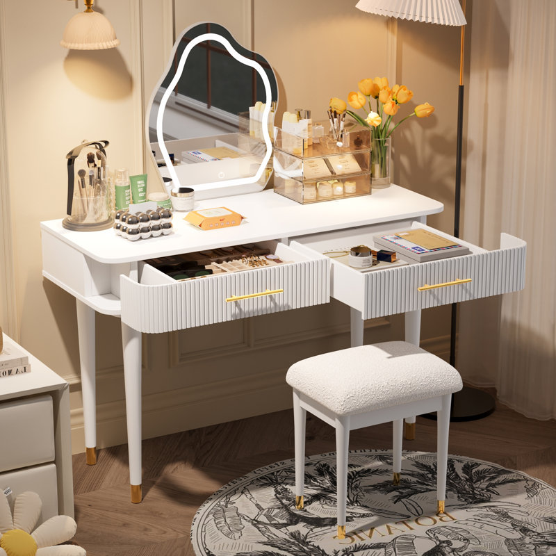 Ensemble de coiffeuse 40 "moderne avec miroir à écran tactile lumineux, coiffeuse et tabouret rembourré avec 2 grands tiroirs, blanc