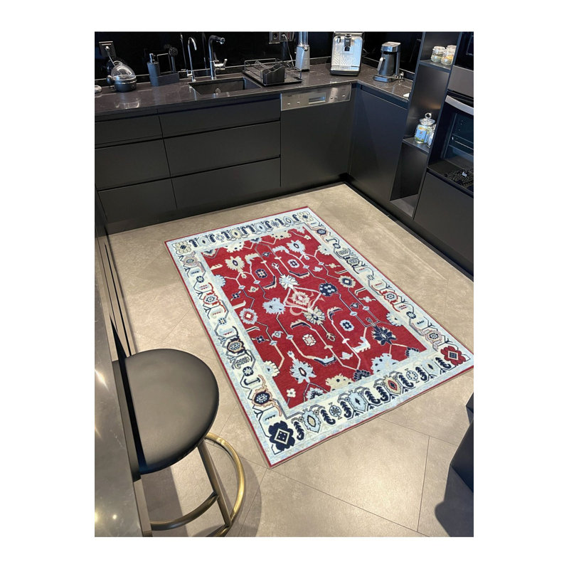 Tapis tissé rouge traditionnel avec base tissée lavable à la machine, Sous-tapis carré 3 pi 3 po inclus