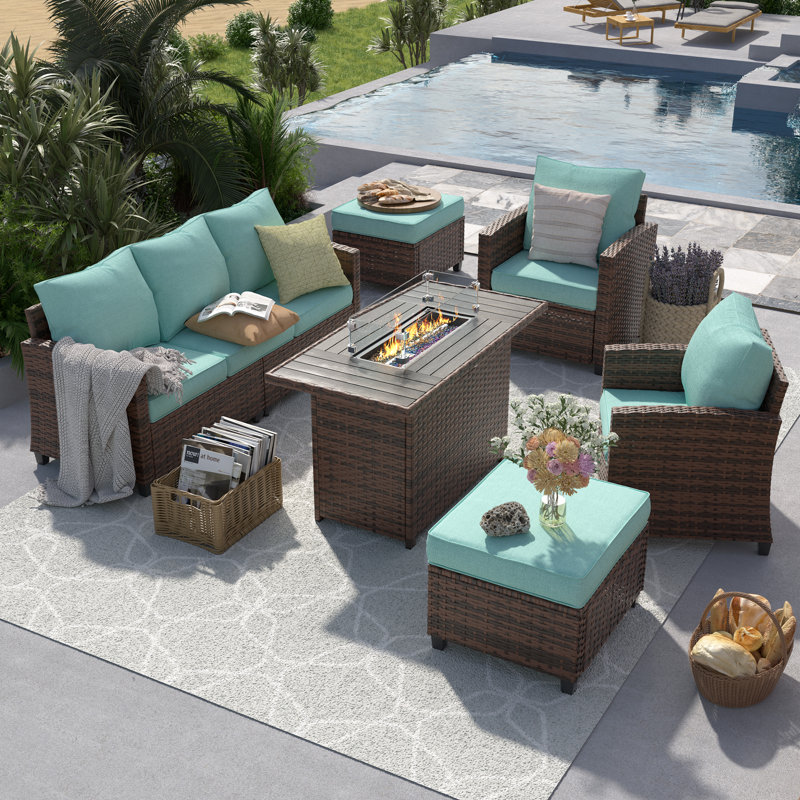 Samya 7 - Person Outdoor Conversation Sets All-Weather Firepit Seating Group With Cushions, Light Blue/Brown