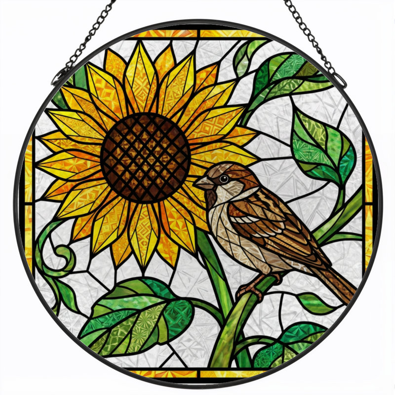 7.8"H Sunflower Sparrow Stained Glass Window Panel