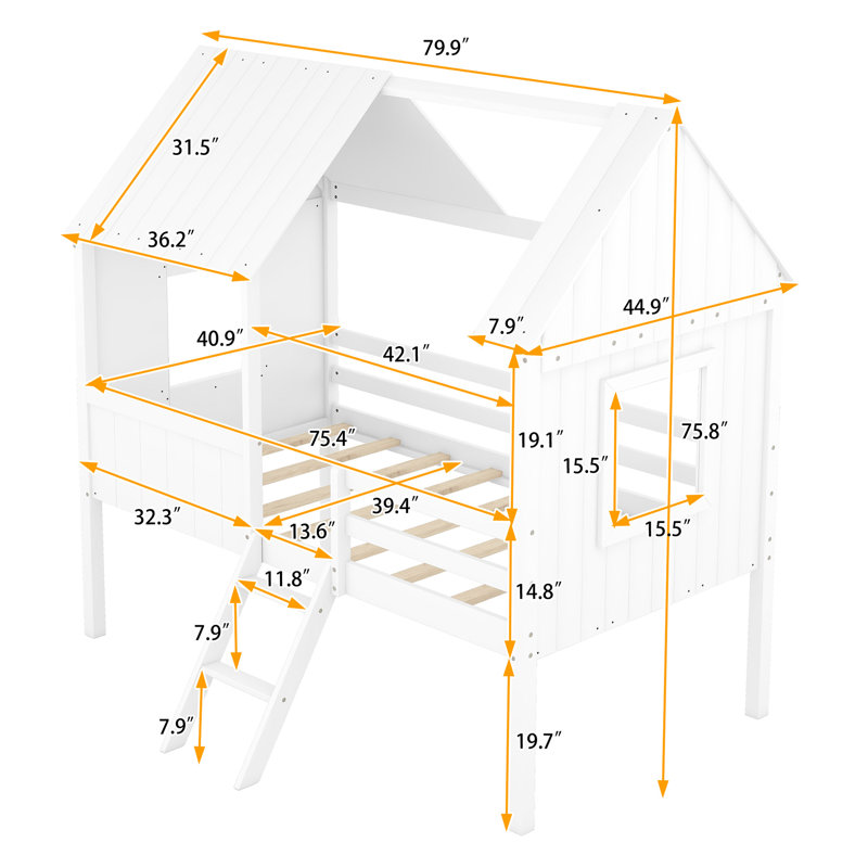 Lit simple de style maison blanche - avec une conception semi-fermée pour plus d'intimité avec deux fenêtres latérales pour rehausser votre décor