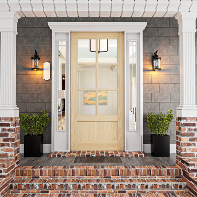 Unfinished solid core Pine Wood Double-Grid Transparent 6 Lite Clear Glass Panel Front Door With < Inswing > Jamb Kit