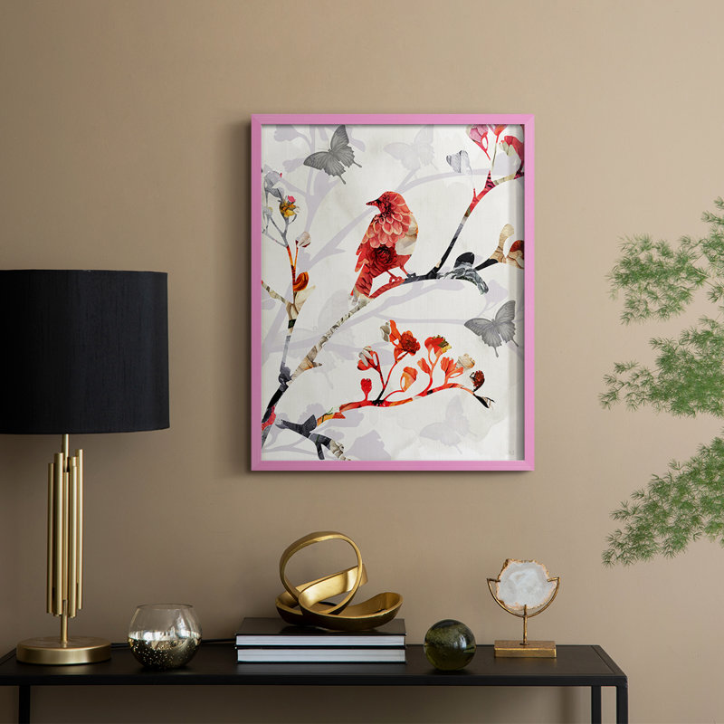 «Bird and Cherry Blossoms I», reproduction encadrée - bois massif